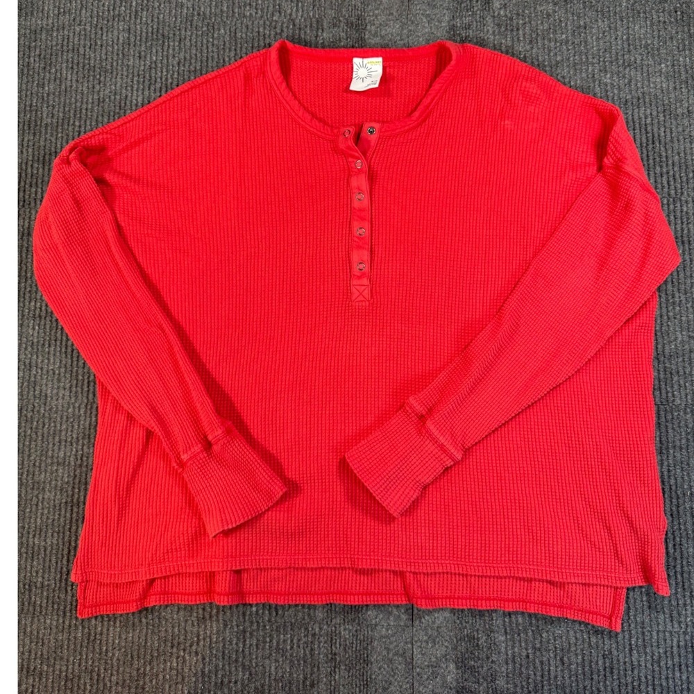 Aerie OFFLINE Soft Red Waffle Knit Henley Top Oversized Thumbhole Cuffs Medium